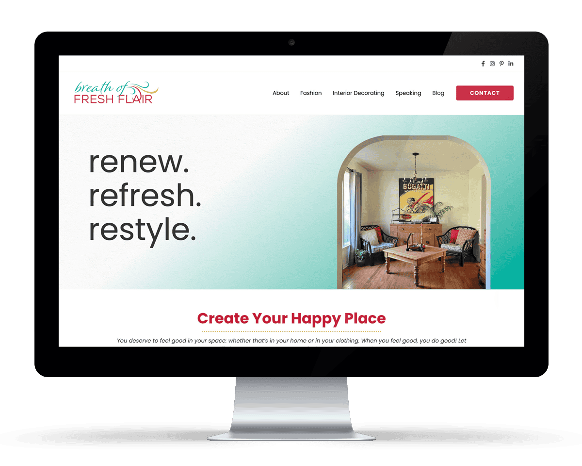 A website showing a home decor business with image of a stylish interior room and slogan "renew. refresh. restyle."