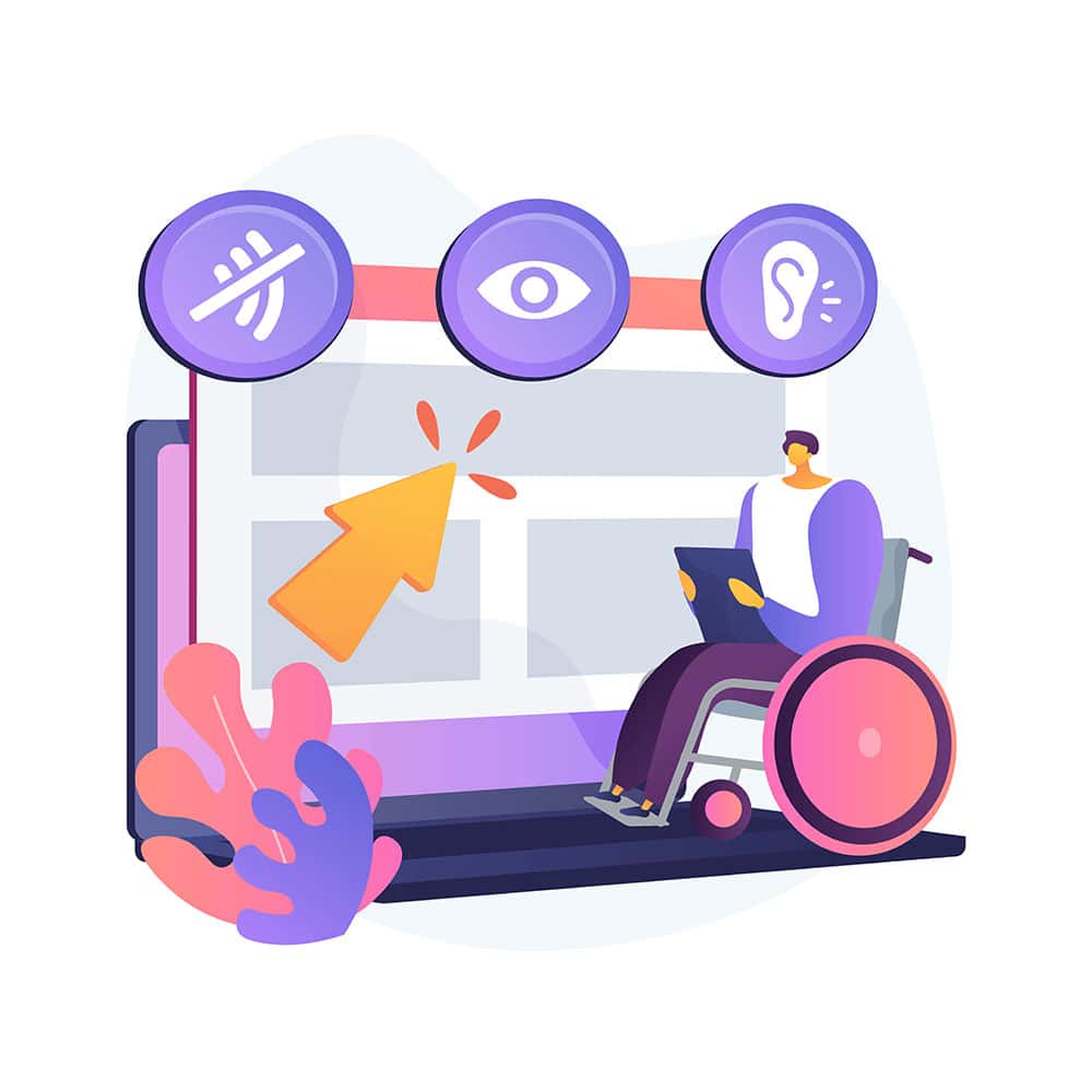 Illustration of a person in a wheelchair using a touchscreen device. Icons for accessibility features, such as speech, vision, and hearing, are shown above.